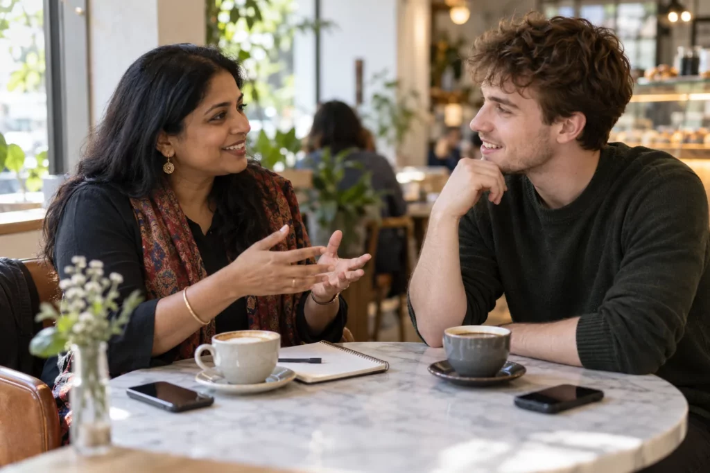Two professionals having an informal networking conversation over coffee