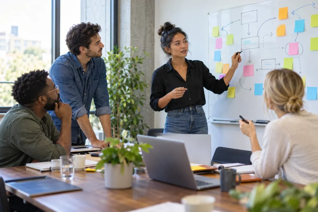 A small team planning a project at a whiteboard