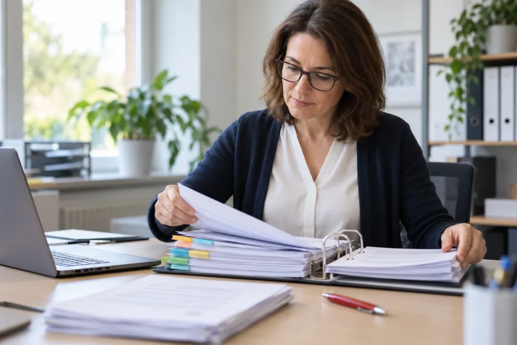 A woman organising an application binder of documents at her desk