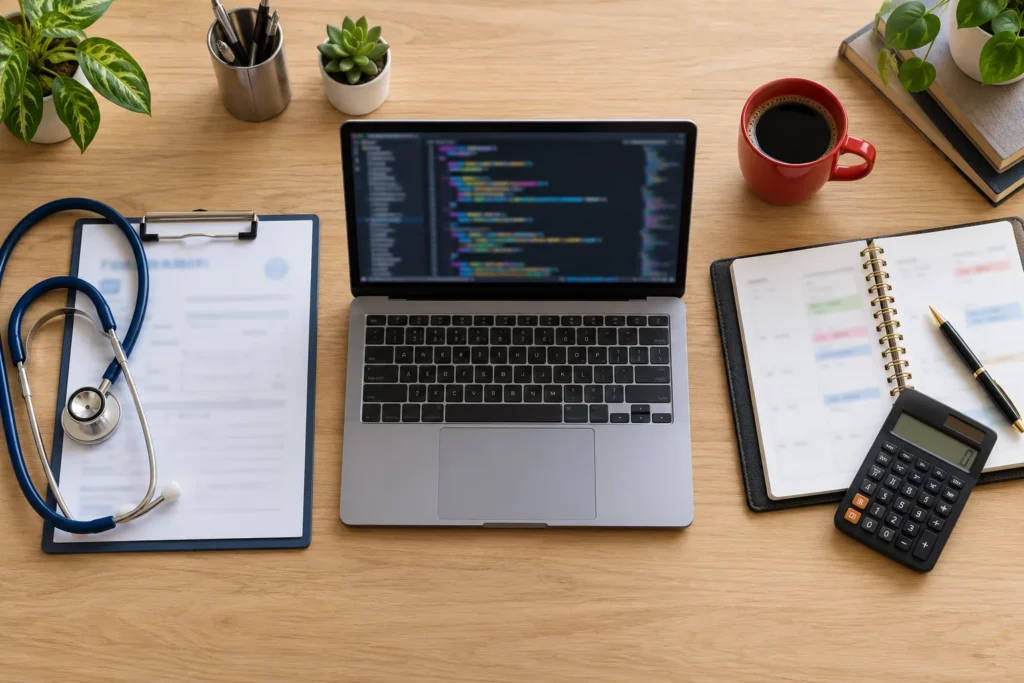 A desk with a stethoscope, a laptop with code and a business planner side by side