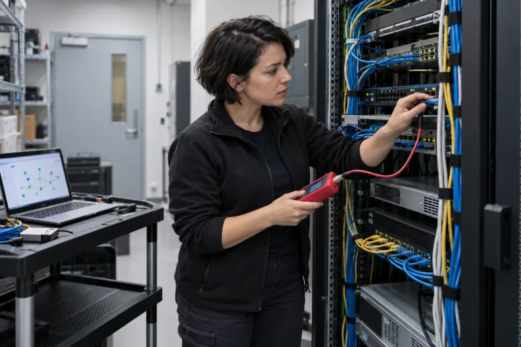 An IT technician checking a network cabinet with a laptop