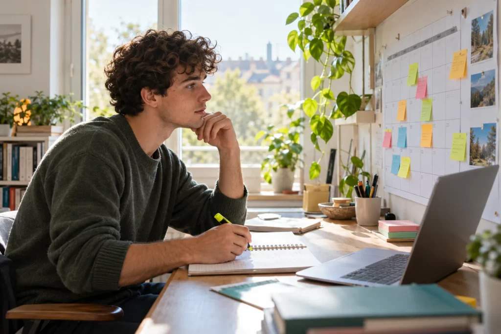 A learner planning study weeks on a paper calendar next to a laptop