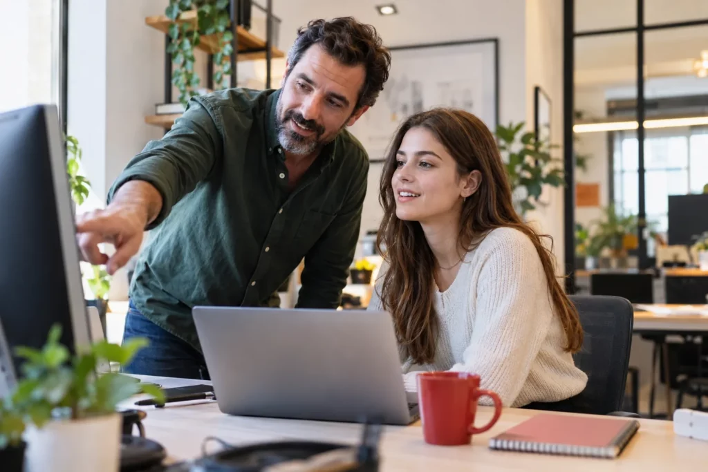 A new hire being shown a workstation by a mentor on the first day