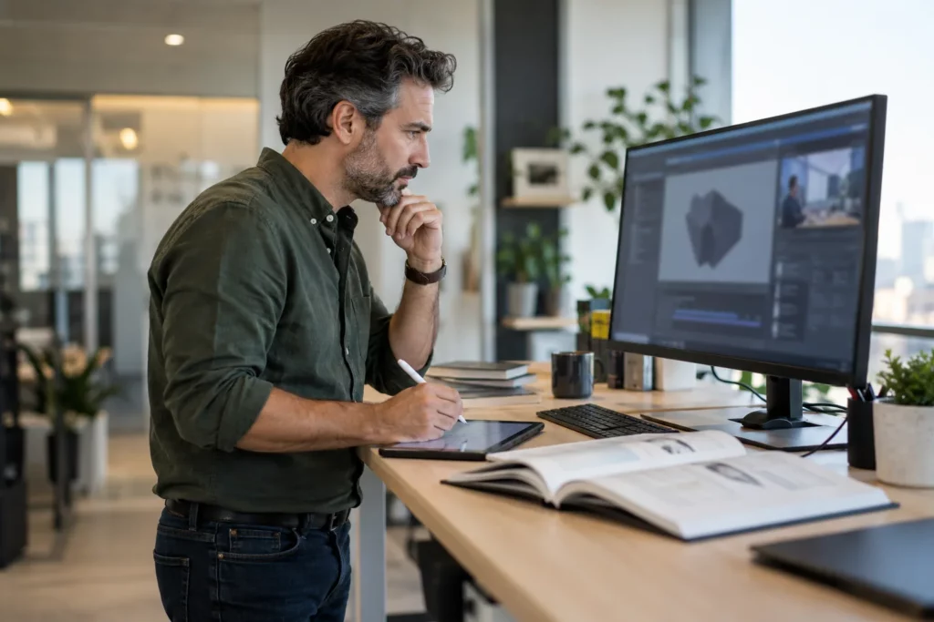 A professional learning a new software tool at a standing desk