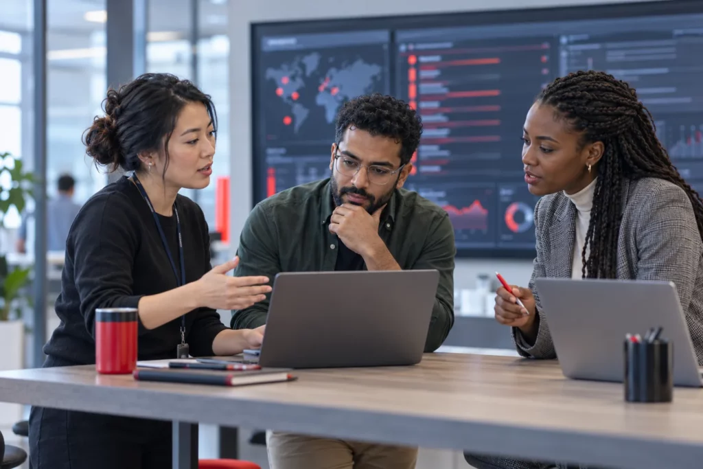 A cybersecurity team reviewing a security incident together in front of a wall screen