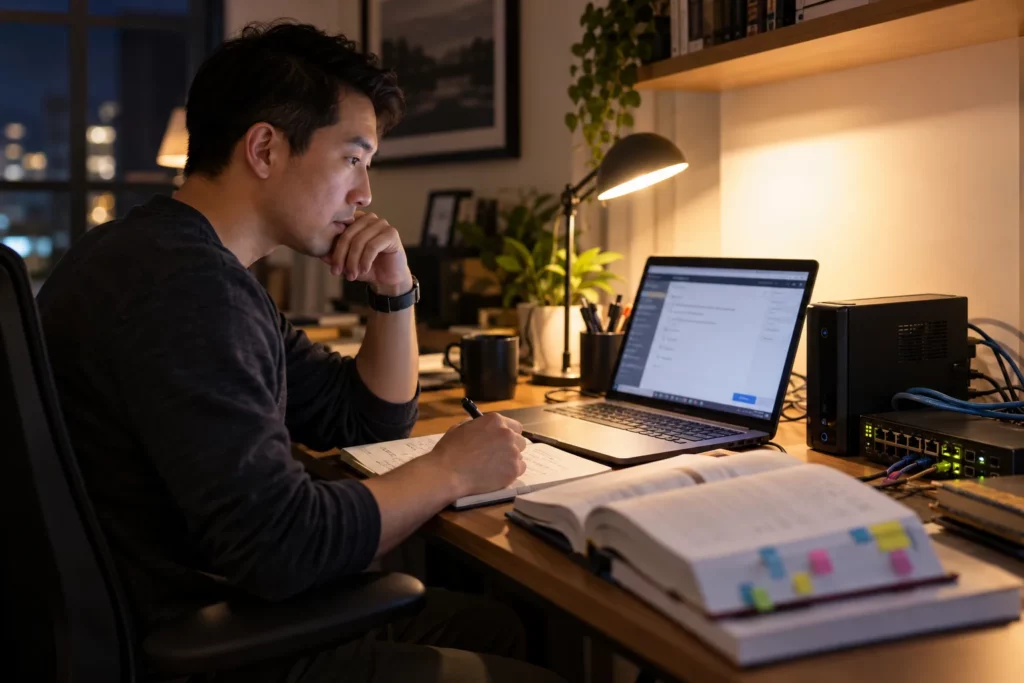 A learner studying for a cybersecurity certification at a home desk