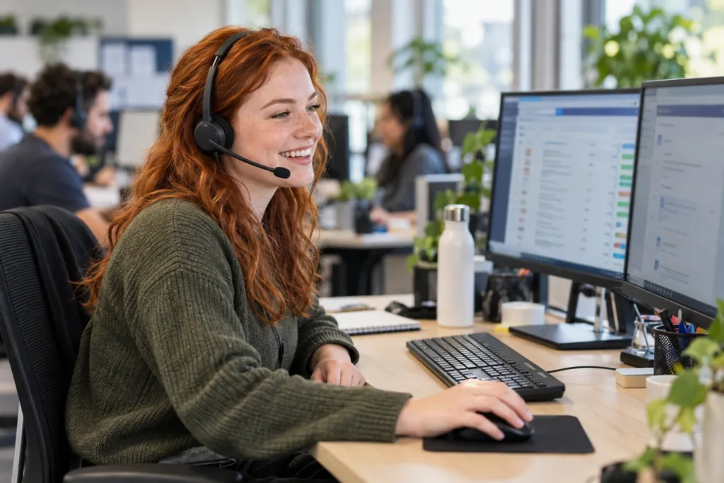 A help desk agent with a headset supporting a user from her workstation