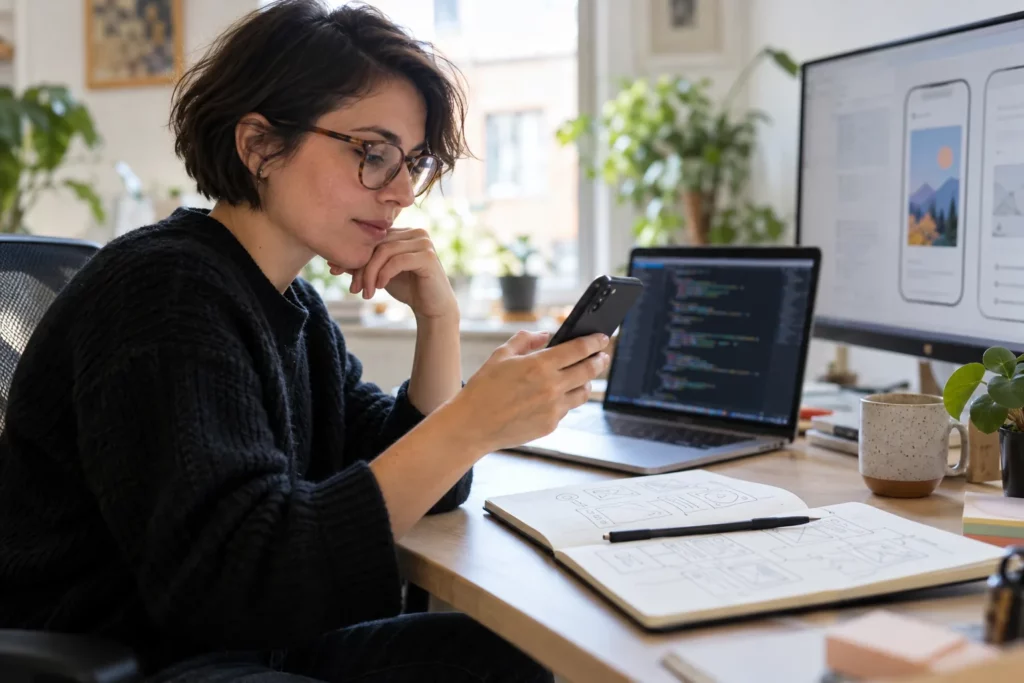 A software developer testing a mobile app on a phone beside her laptop