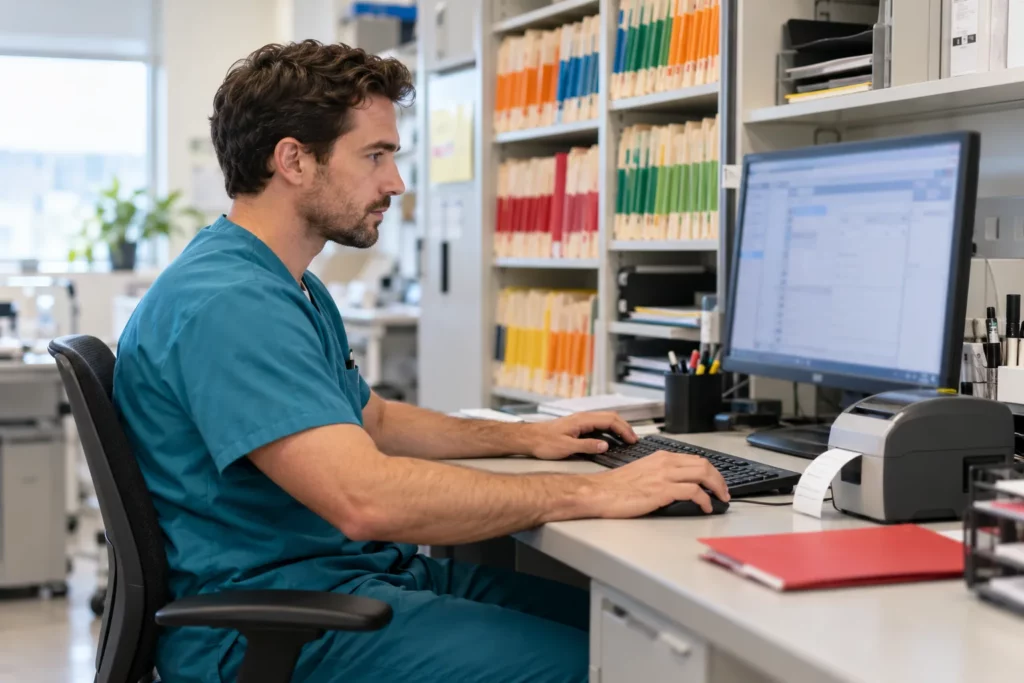 A medical office assistant updating patient records on a clinic computer