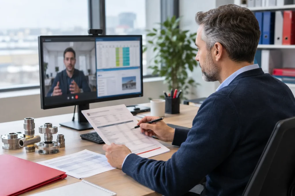 A procurement officer comparing supplier quotes during a video call