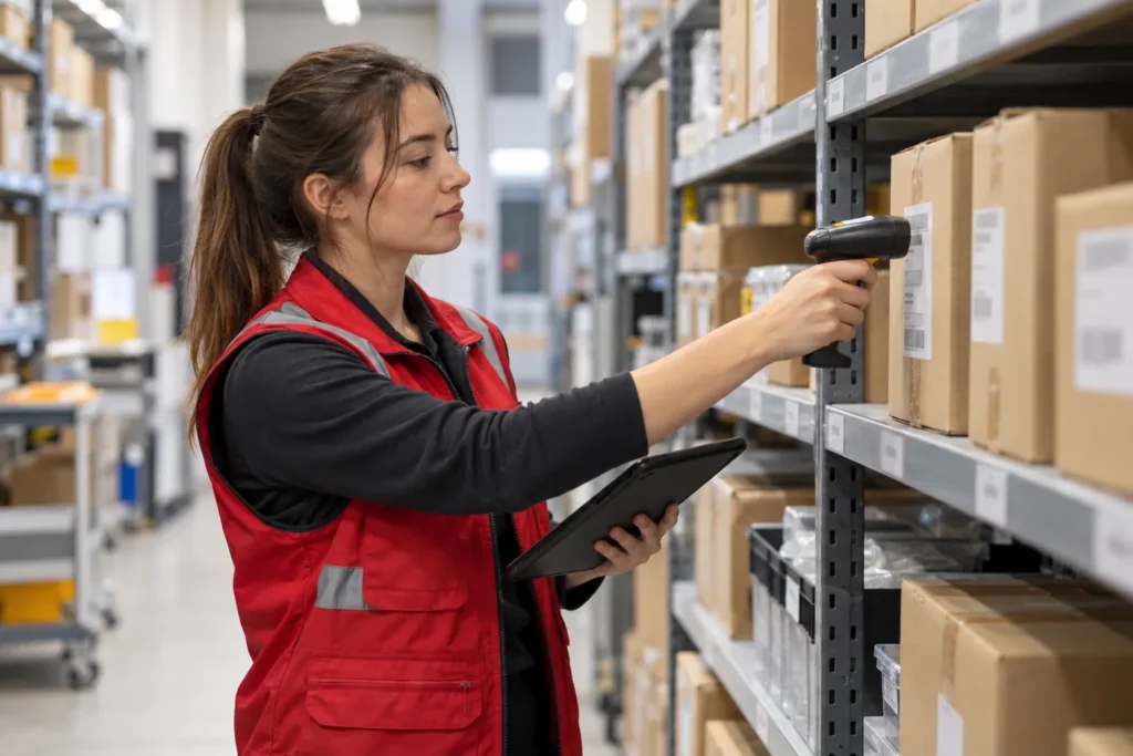 An inventory clerk scanning boxes with a handheld scanner in a stockroom