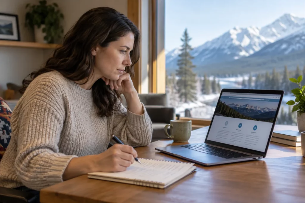 A person carefully checking a college's information online