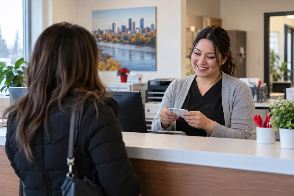 A medical office assistant checking a patient's health card at a family clinic counter