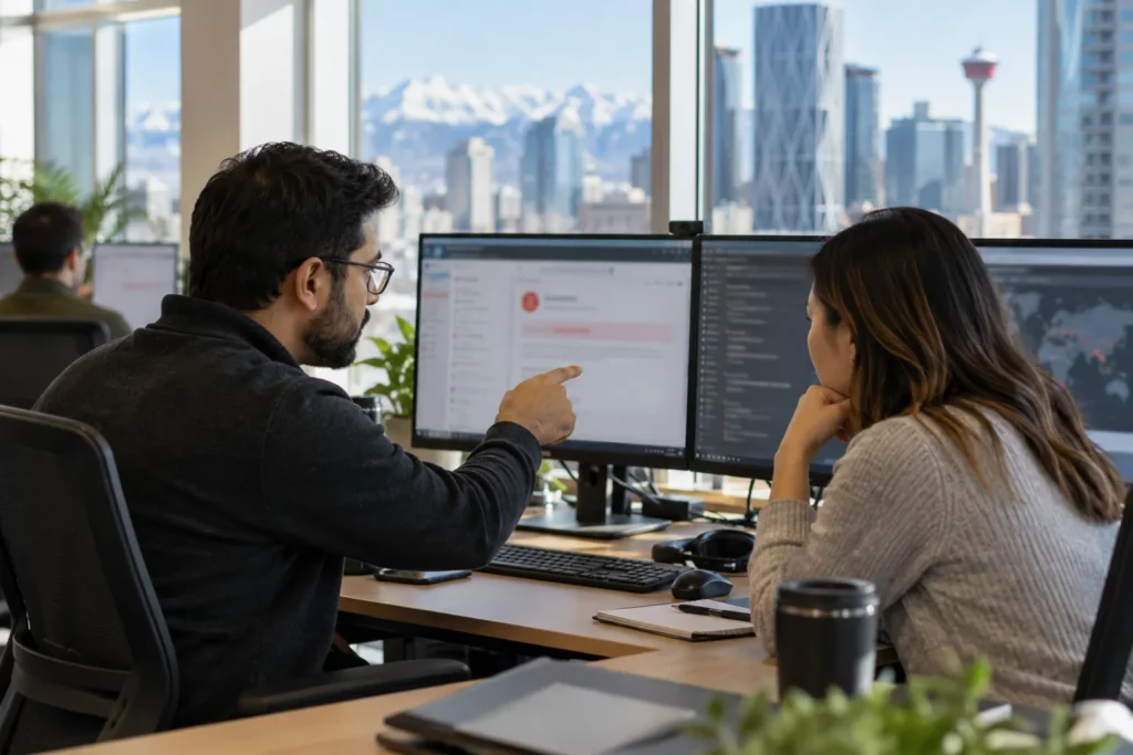 A cybersecurity analyst explaining a suspicious email to a colleague at a shared desk