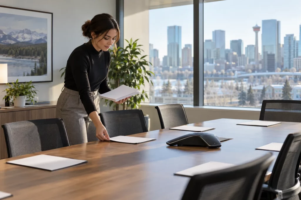 An administrative assistant setting up a meeting room with agendas and a conference phone