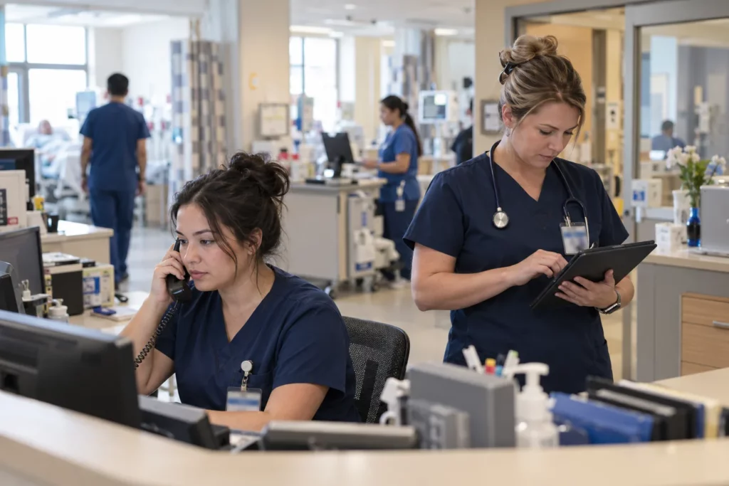 A hospital unit clerk answering a phone at a nursing station while a nurse checks a tablet
