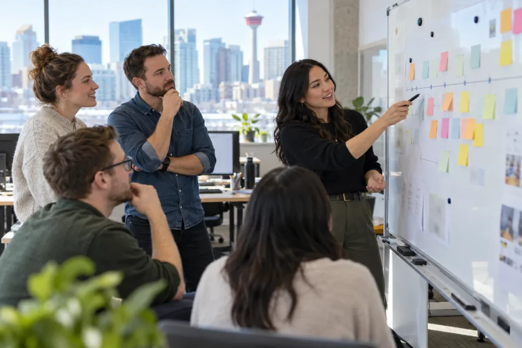 A small business team reviewing a project timeline on a whiteboard