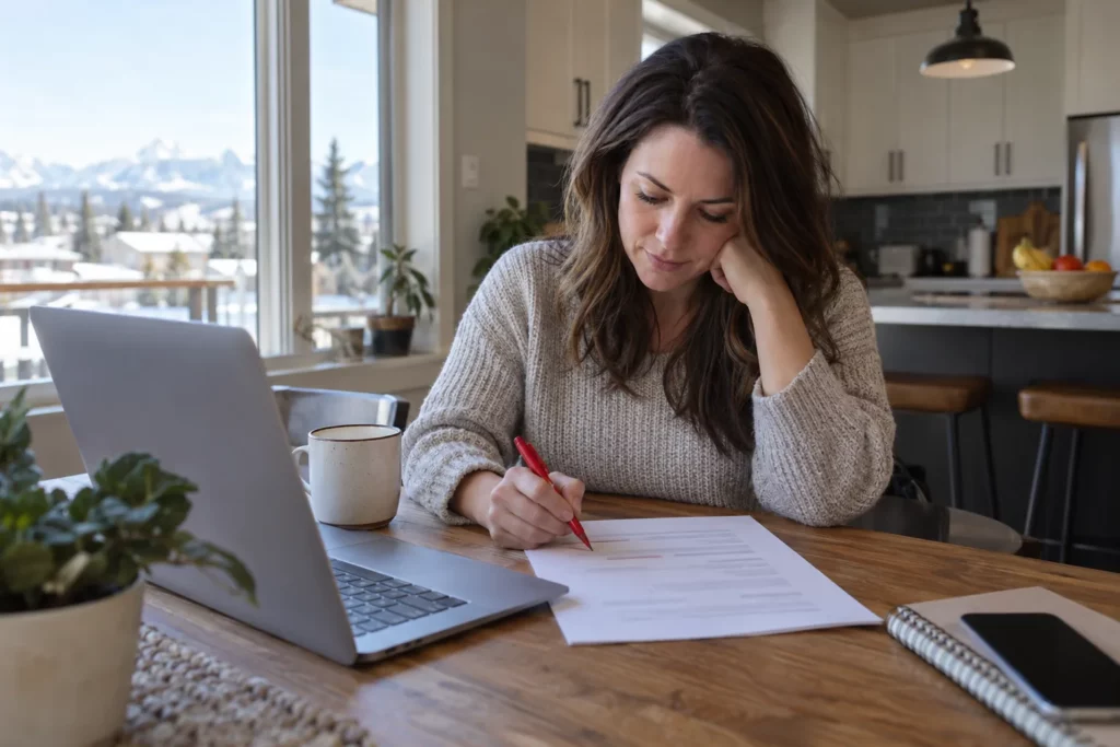 A woman marking up a printed resume with a red pen at her kitchen table
