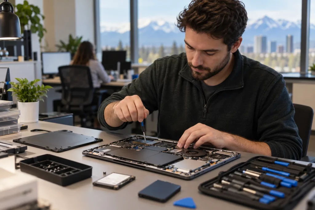 An IT support technician repairing a laptop at a workbench