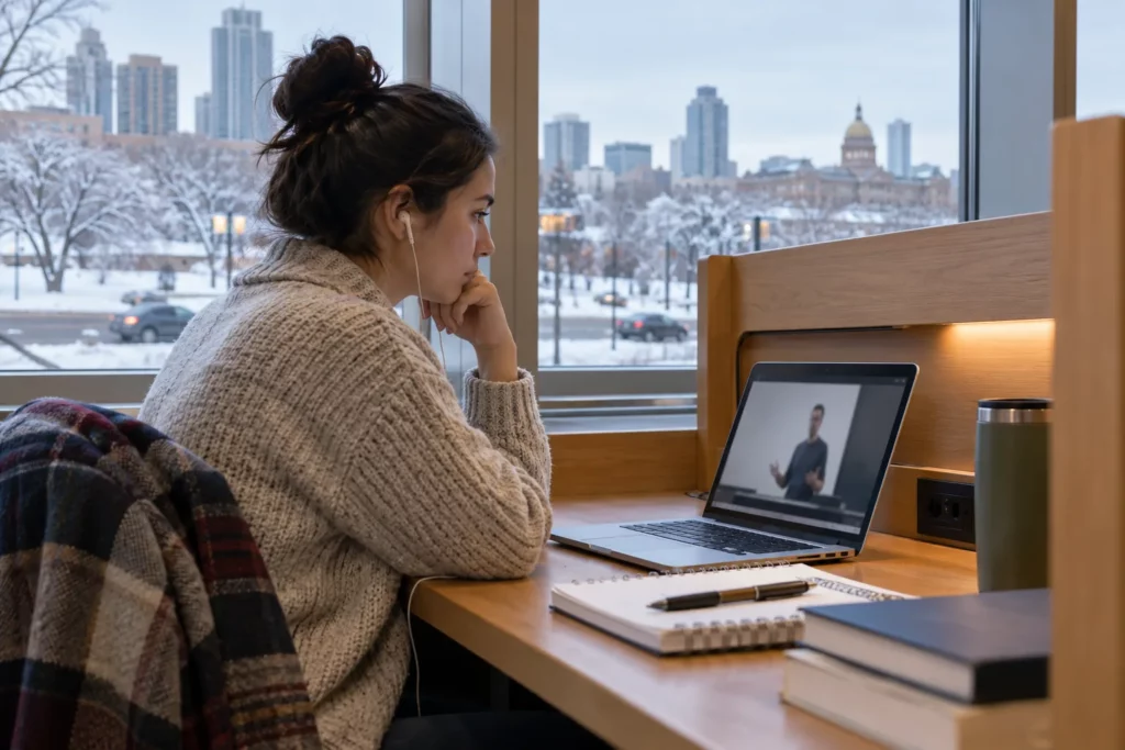An adult learner watching an online lecture on a laptop in a public library