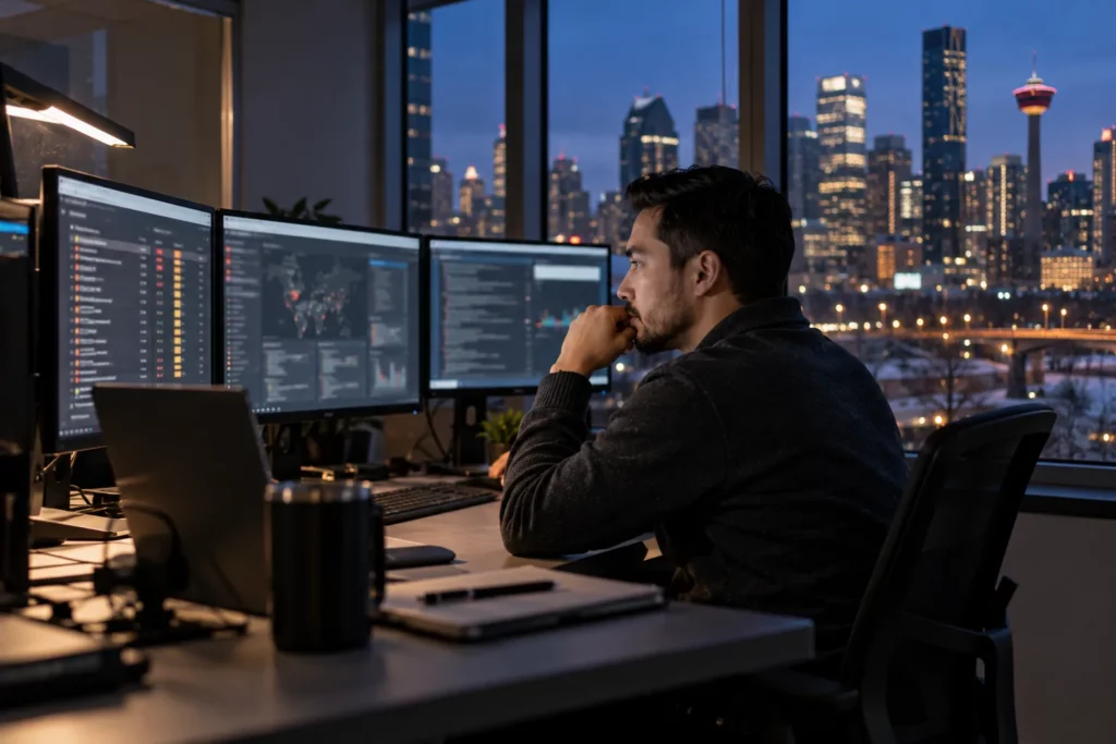 A security analyst reviewing alerts during an evening shift in an operations room