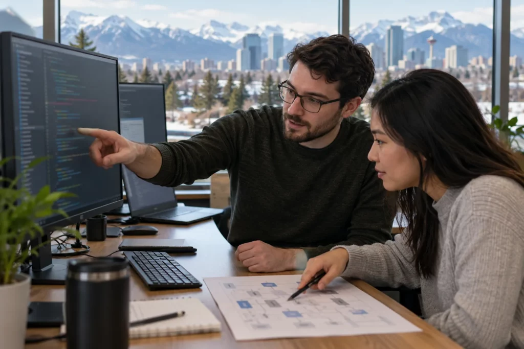 Two tech professionals comparing code and a network diagram at a shared desk