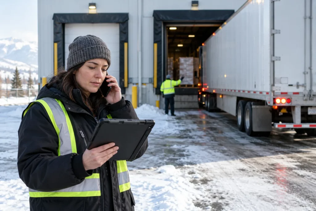 A supply chain coordinator checking a delivery schedule at a warehouse loading dock