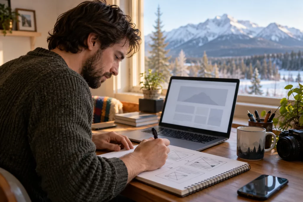 A web developer sketching a website wireframe on paper next to a laptop