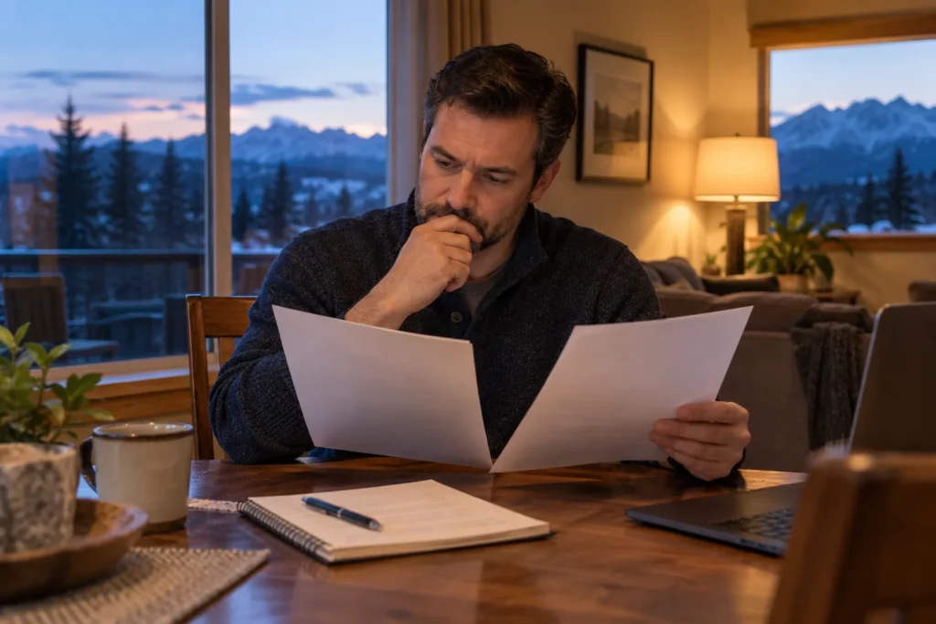 A man comparing two printed program outlines at his dining table
