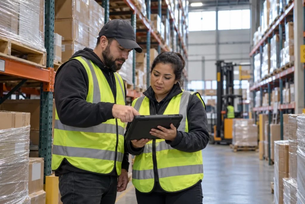 Two warehouse workers reviewing a pick list on a tablet in a distribution centre
