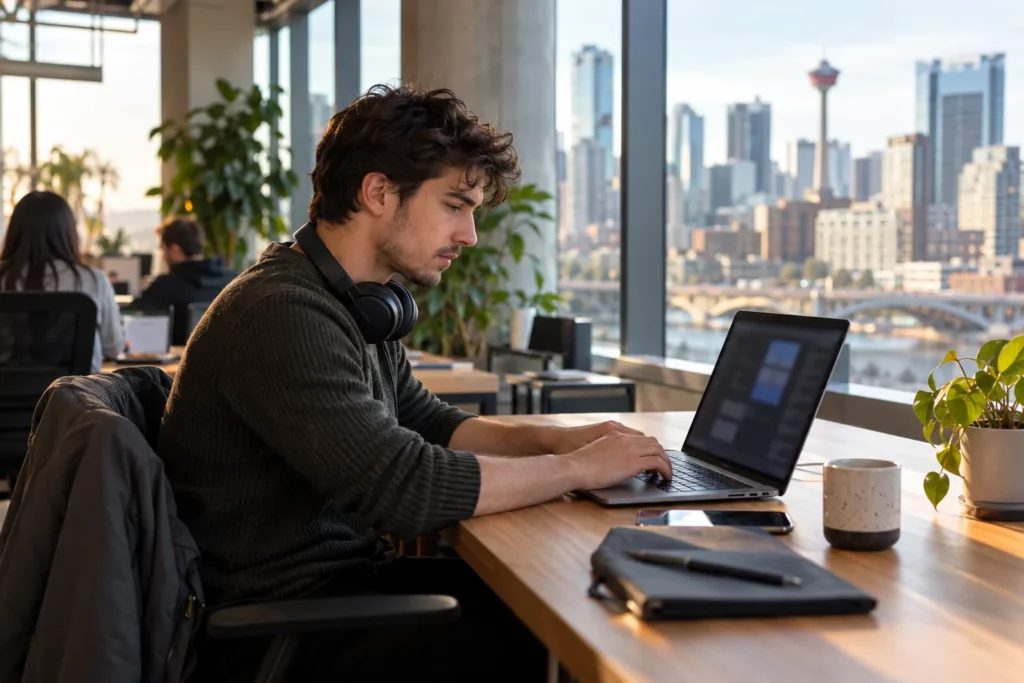 A developer working on a coding project at a co-working space