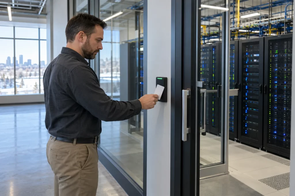 A security professional scanning an access badge at a server room door