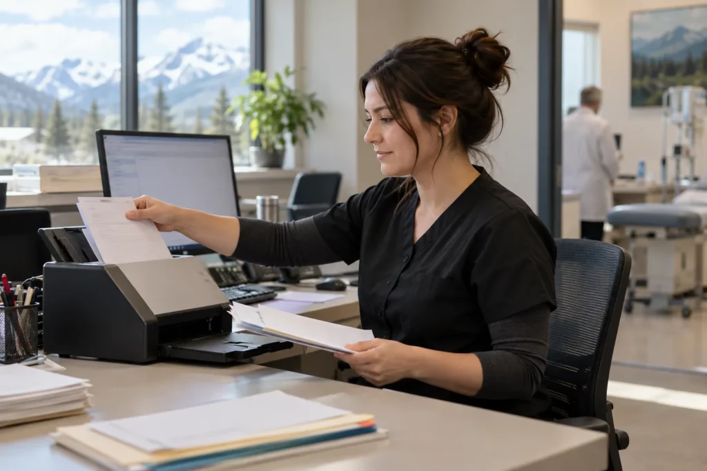 A medical office assistant scanning referral documents at a specialist clinic