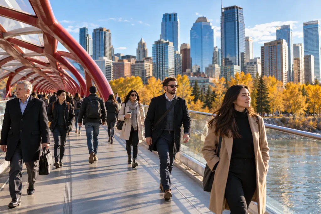 Commuters crossing a pedestrian bridge in Calgary on their way to work