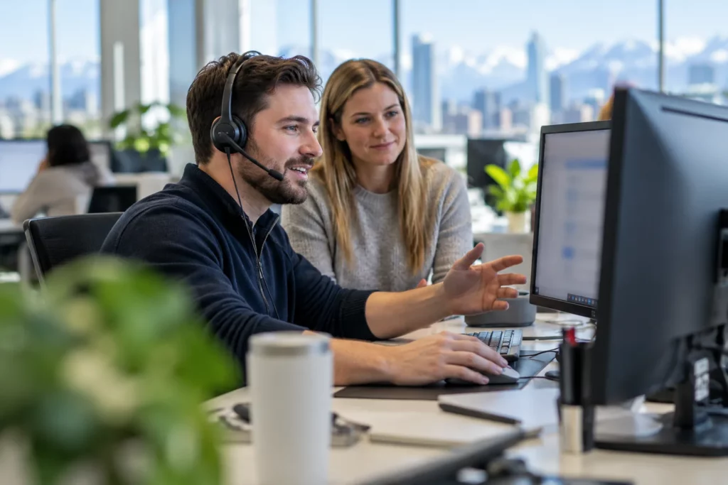 A help desk technician with a headset helping a caller with a password reset