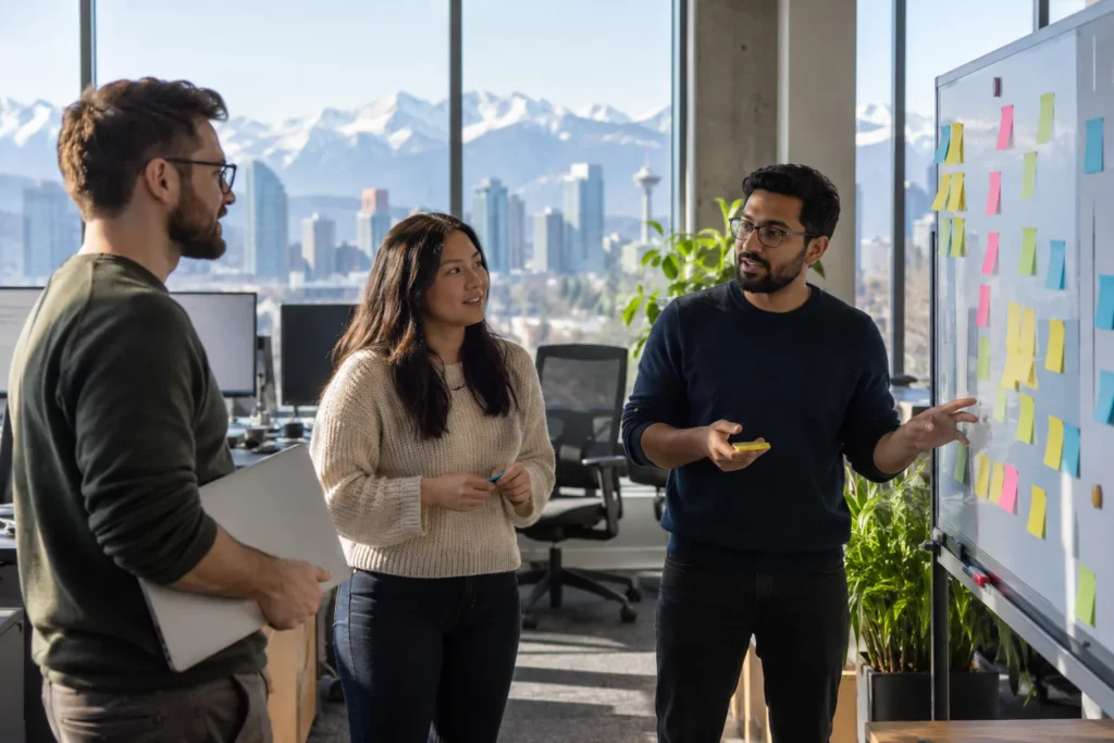 Three software developers at a stand-up meeting beside a board of sticky notes