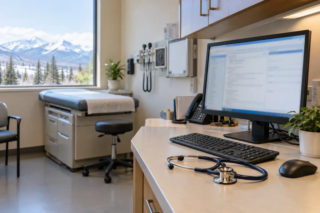 A clinic workstation with an electronic medical record on screen and a stethoscope