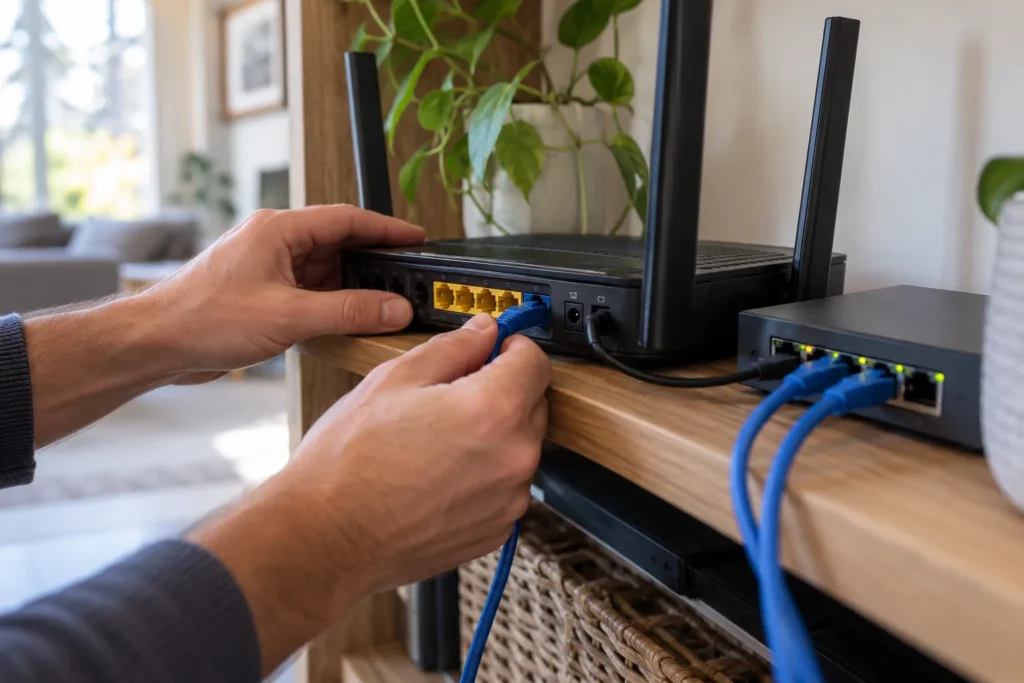 Hands plugging an ethernet cable into a home router