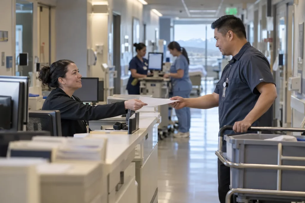 A unit clerk handing a requisition to a porter at a hospital ward desk
