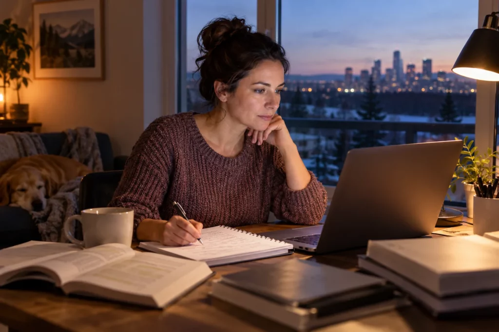 A career changer studying for a security certification at home at night