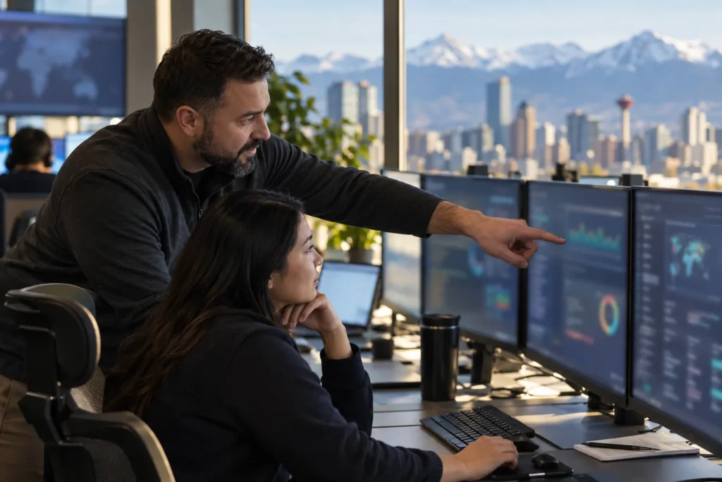 A security team lead mentoring a junior analyst at a monitoring desk