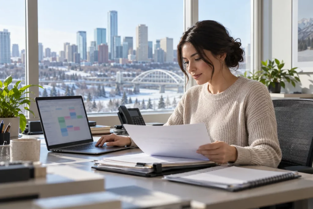 An administrative assistant managing a shared calendar and preparing documents in an office