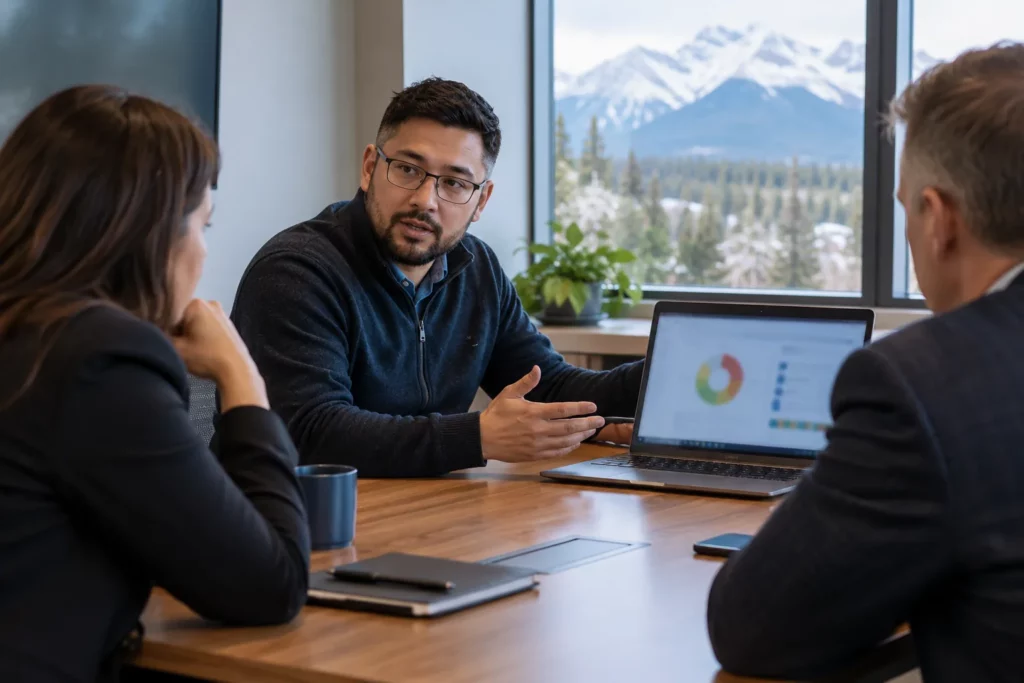 A cybersecurity specialist presenting a risk assessment to two managers