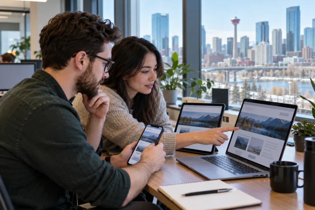 Two web developers testing a website on a laptop, tablet and phone