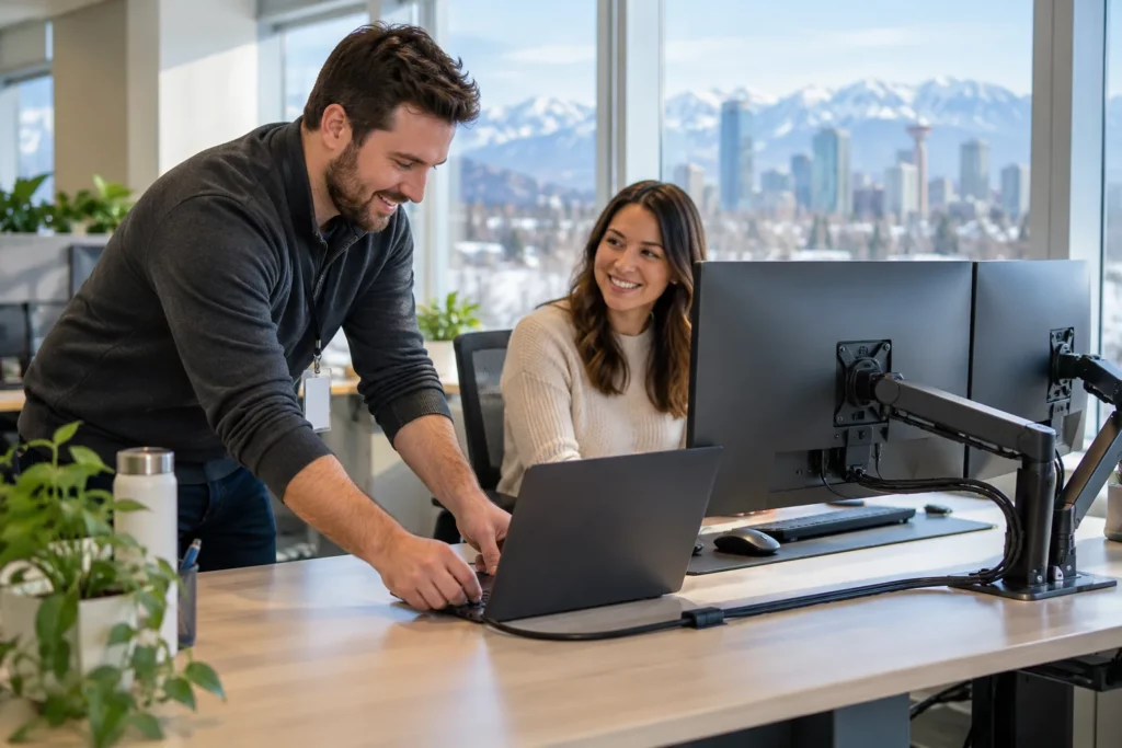 An IT support technician setting up a laptop and monitors for a new employee