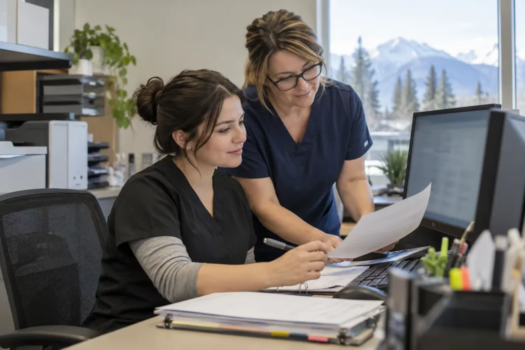 A trainee medical office assistant reviewing billing work with a supervisor in a clinic back office
