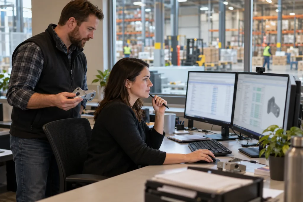 A purchasing officer comparing supplier quotes while a colleague holds a sample part