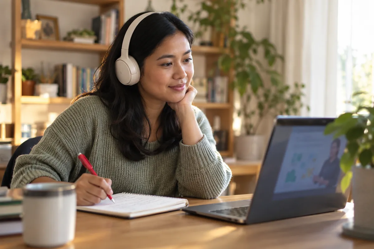 Learner with headphones taking notes at a laptop