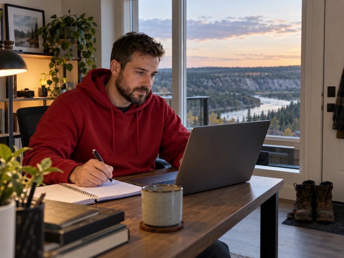 A learner studying online at home with a view of boreal forest and a river valley