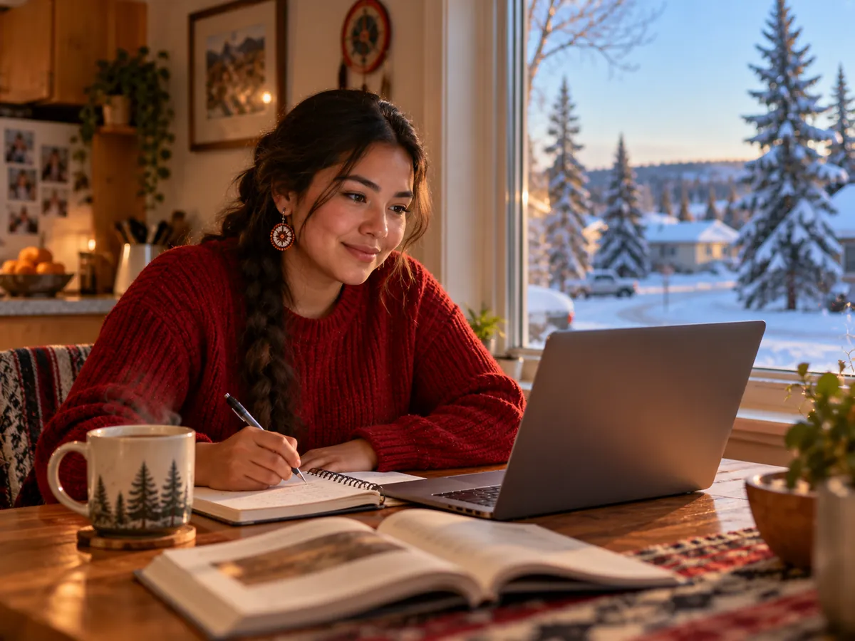 A learner studying online at home with a view of a northern prairie town in winter